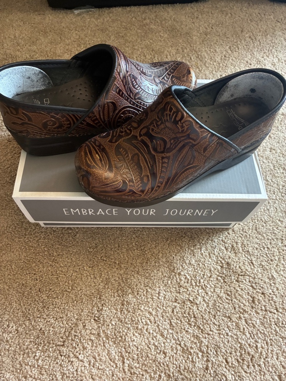 Dansko Professional Bronze Floral Embossed Tooled Leather Clogs Size 36